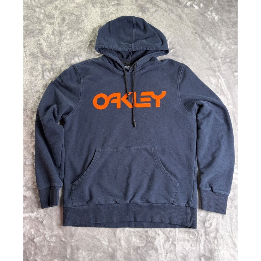 Oakley Custom Fit Men Size L Pullover Hoodie Navy Blue Orange Logo Sweatshirt